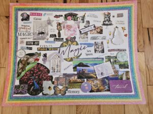 A colorful, glitter-bordered vision board filled with inspiring words, travel images, nature scenes, and symbols of love, growth, and creativity