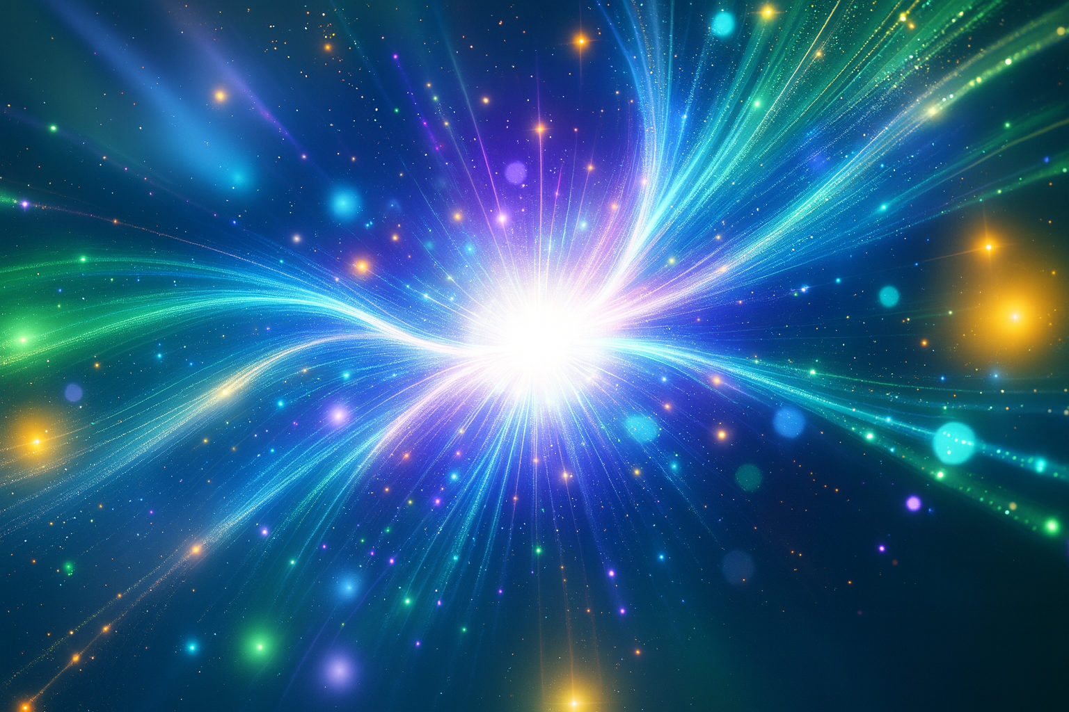 Radiant burst of spiritual energy with vibrant streams of blue, green, and purple light symbolizing divine awakening and alignment