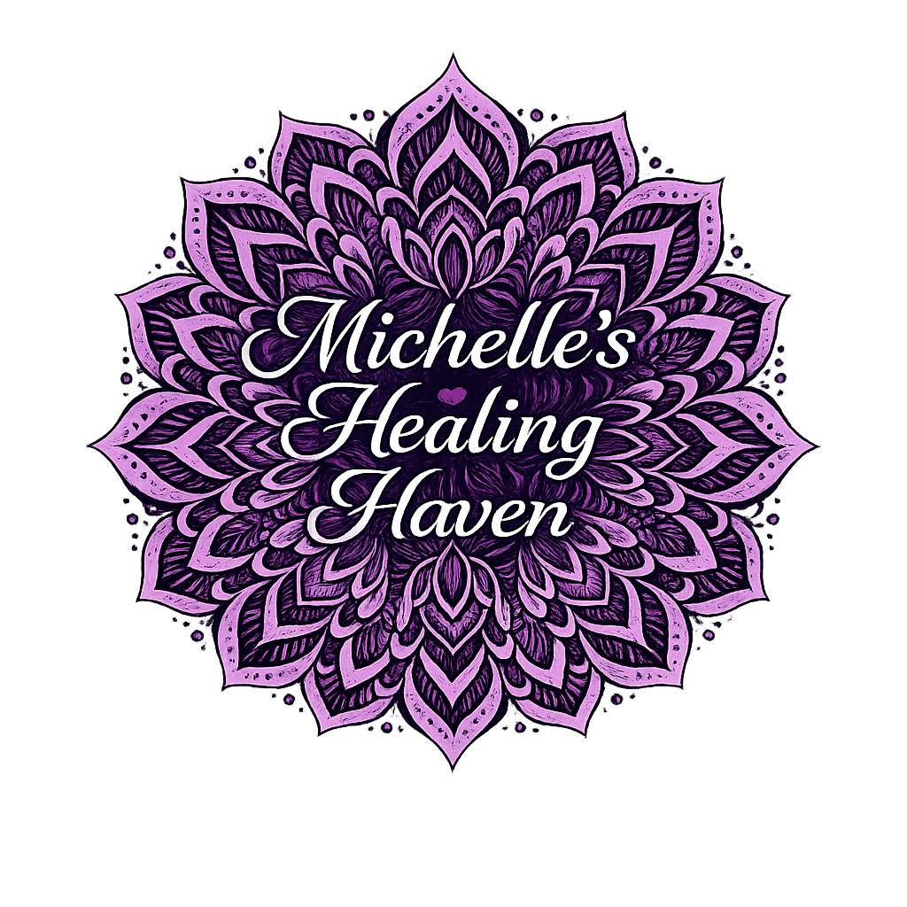 Purple mandala logo with the words Michelle’s Healing Haven in elegant white script