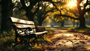 A park bench bathed in golden sunlight with a leather bag resting on it, surrounded by trees and a peaceful autumn path
