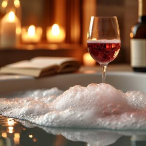 A glass of red wine resting on the edge of a bubble-filled bathtub with soft candlelight and an open book in the background, creating a warm and relaxing atmosphere