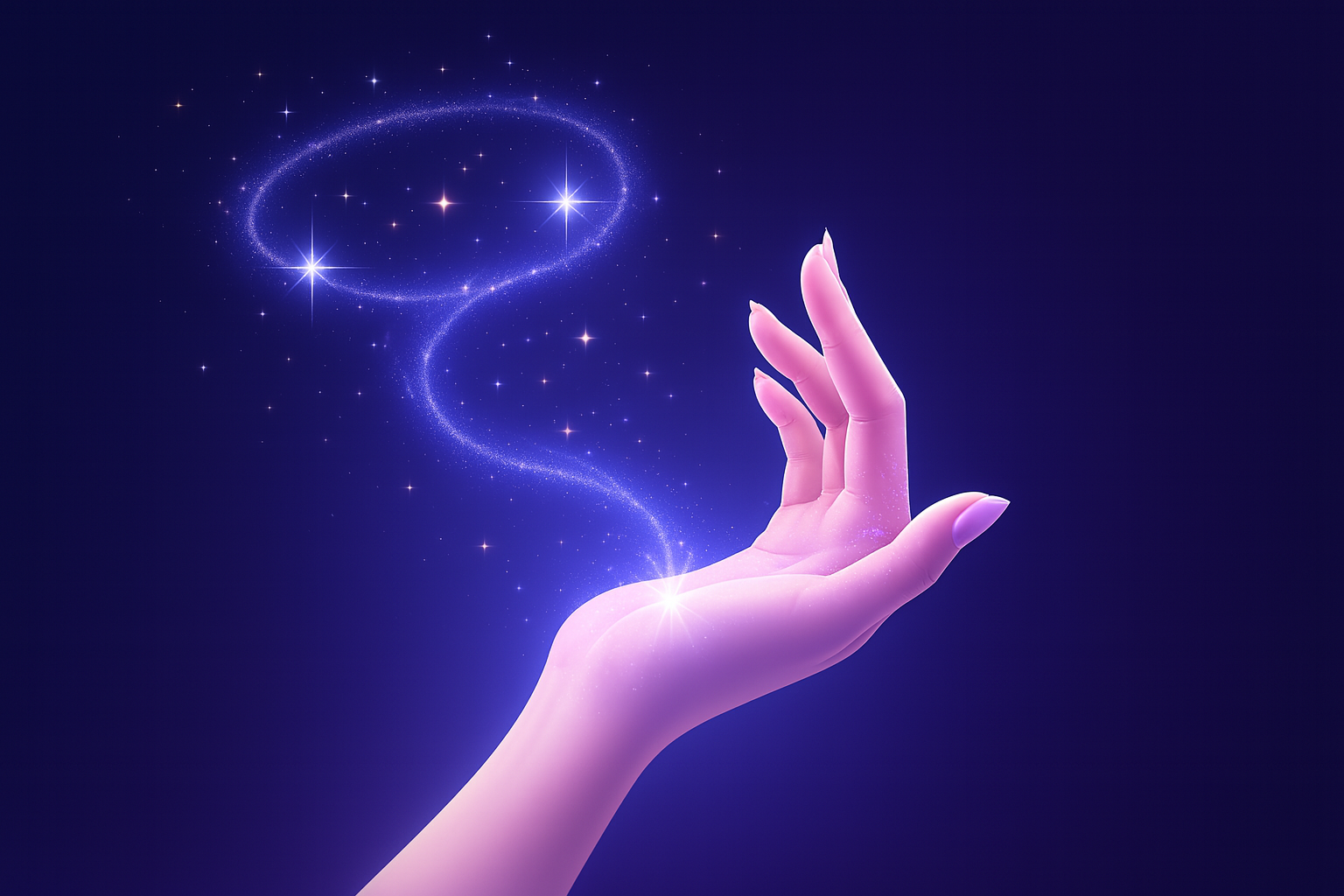 Illuminated hand releasing glowing starlight against a purple sky, symbolizing manifestation, divine energy, and the magic of creation