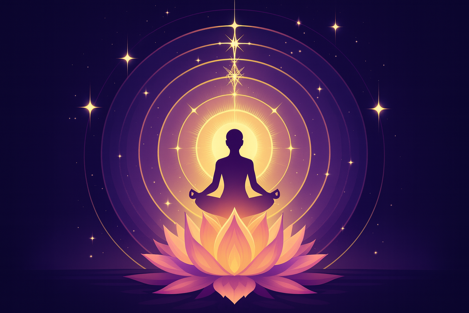 Silhouette meditating on a glowing lotus surrounded by radiant energy and golden starlight, symbolizing spiritual awakening and divine alignment