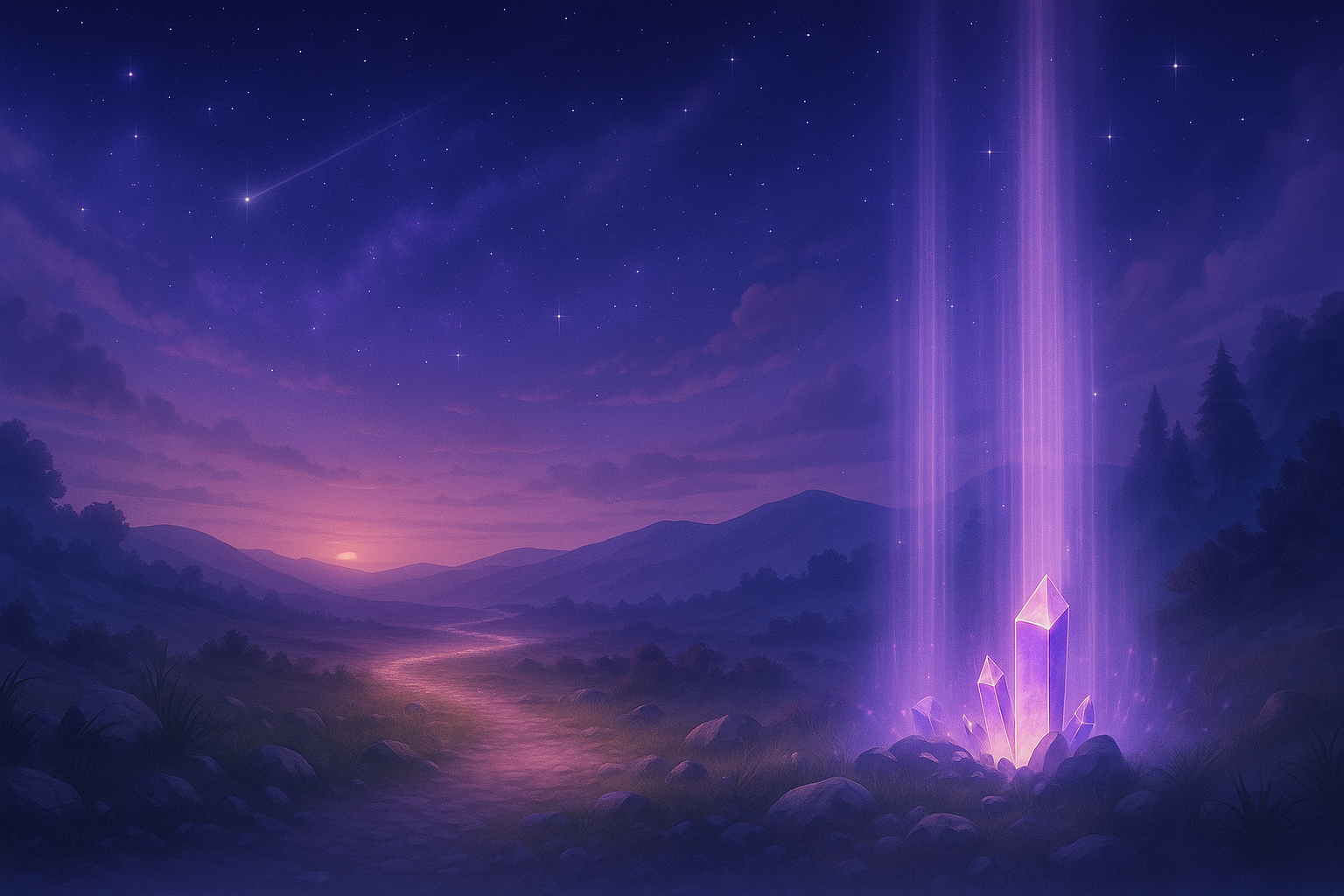 Mystical night landscape with radiant purple crystals glowing beneath a starlit sky, surrounded by soft mist and distant mountains, symbolizing introspection, empathy, and spiritual authenticity.