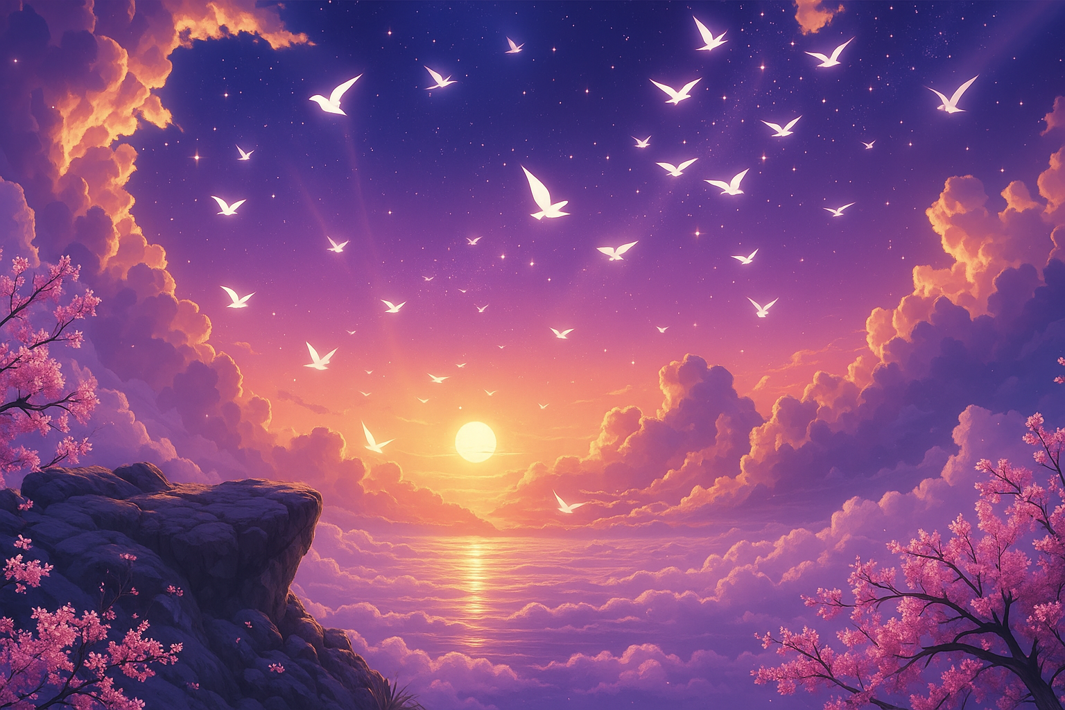 Mystical digital illustration of a glowing meditating figure centered in soft cosmic light, with aligned chakra colors and floating lotus flowers against a purple-blue celestial background.