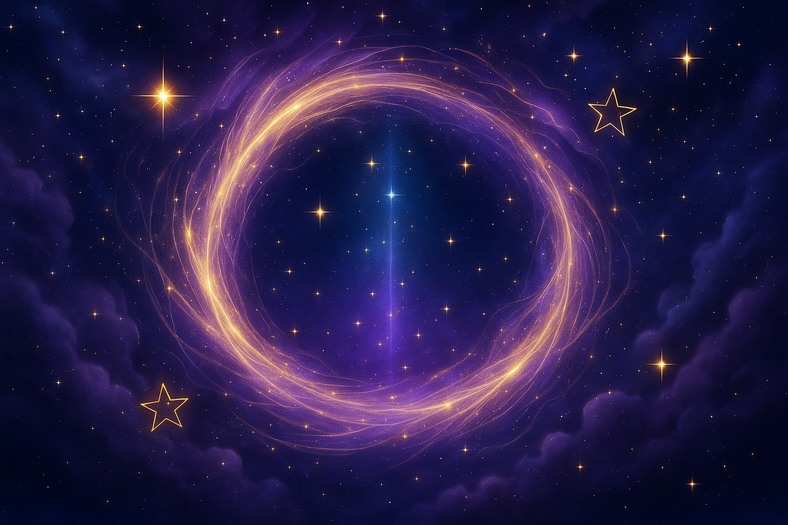 A luminous purple and gold cosmic vortex surrounded by glowing stars and nebula clouds