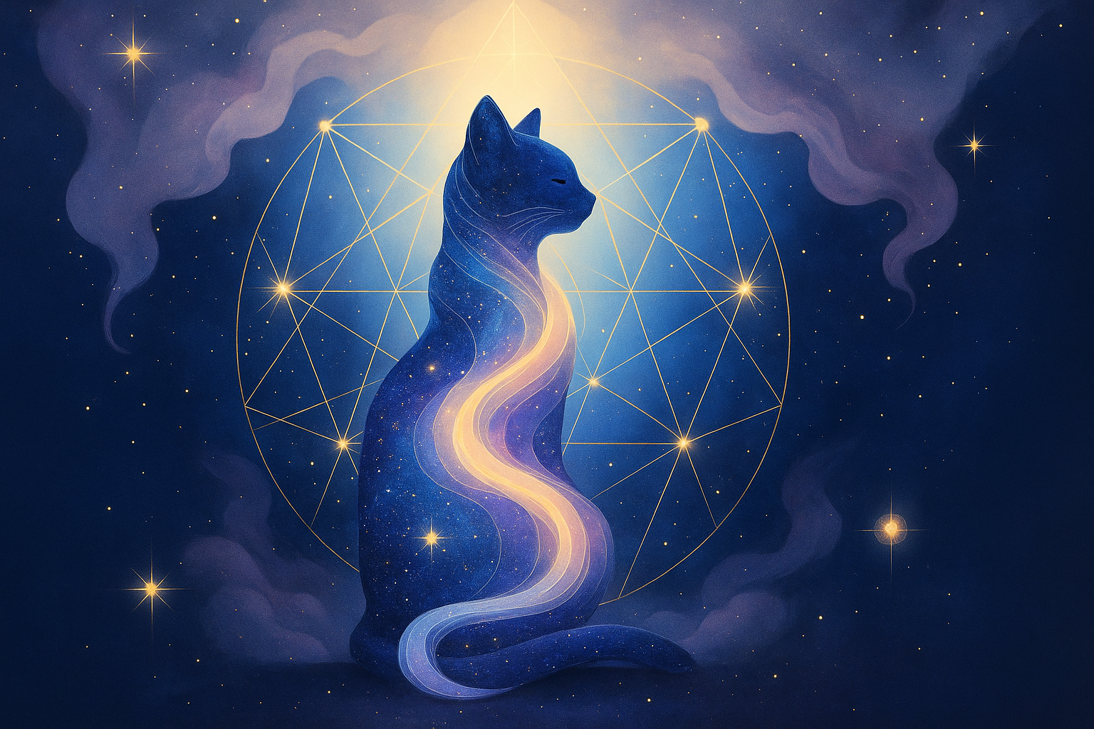 Mystical cosmic cat surrounded by starlight and sacred geometry in glowing shades of violet, blue, and gold