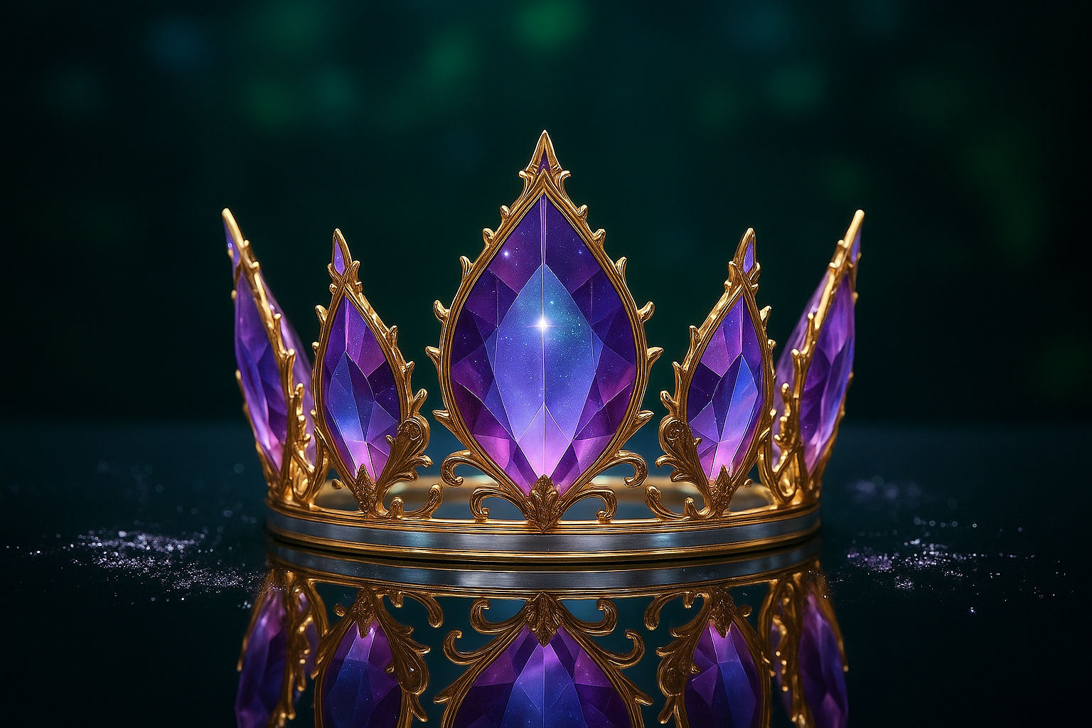 Centered golden crown with glowing purple crystals under cosmic starlight on a reflective surface