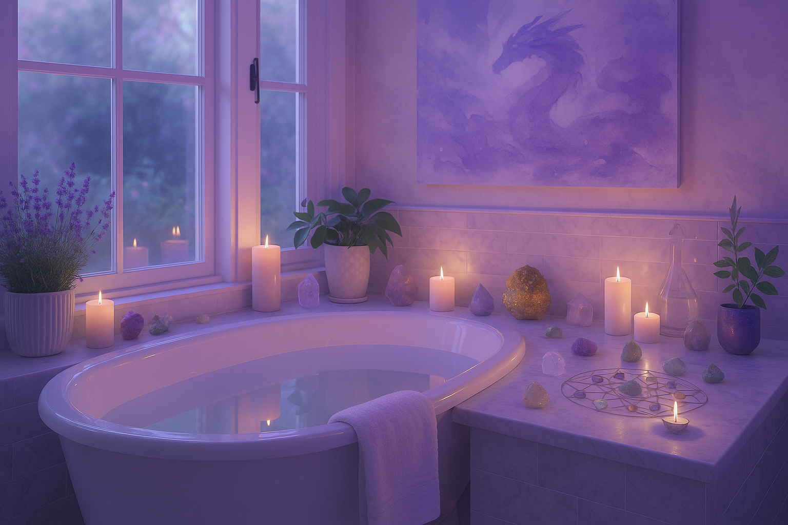 Peaceful bathroom filled with candles, crystals, and plants glowing in soft purple light, symbolizing relaxation, Reiki healing, and self care