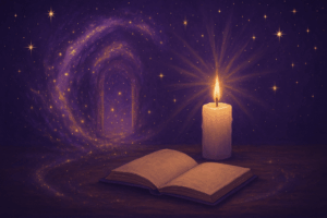 A mystical purple-lit scene with a glowing candle, journal, and sparkling night atmosphere used to represent the 12 Magical Nights ritual.