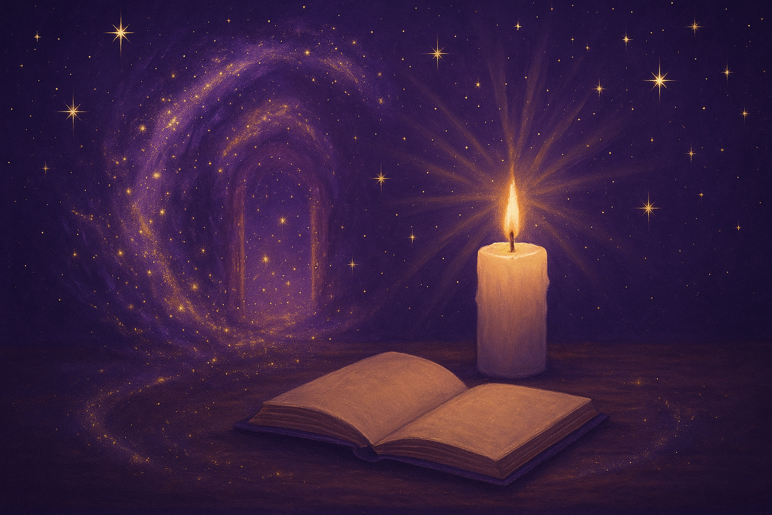 A mystical purple-lit scene with a glowing candle, journal, and sparkling night atmosphere used to represent the 12 Magical Nights ritual.