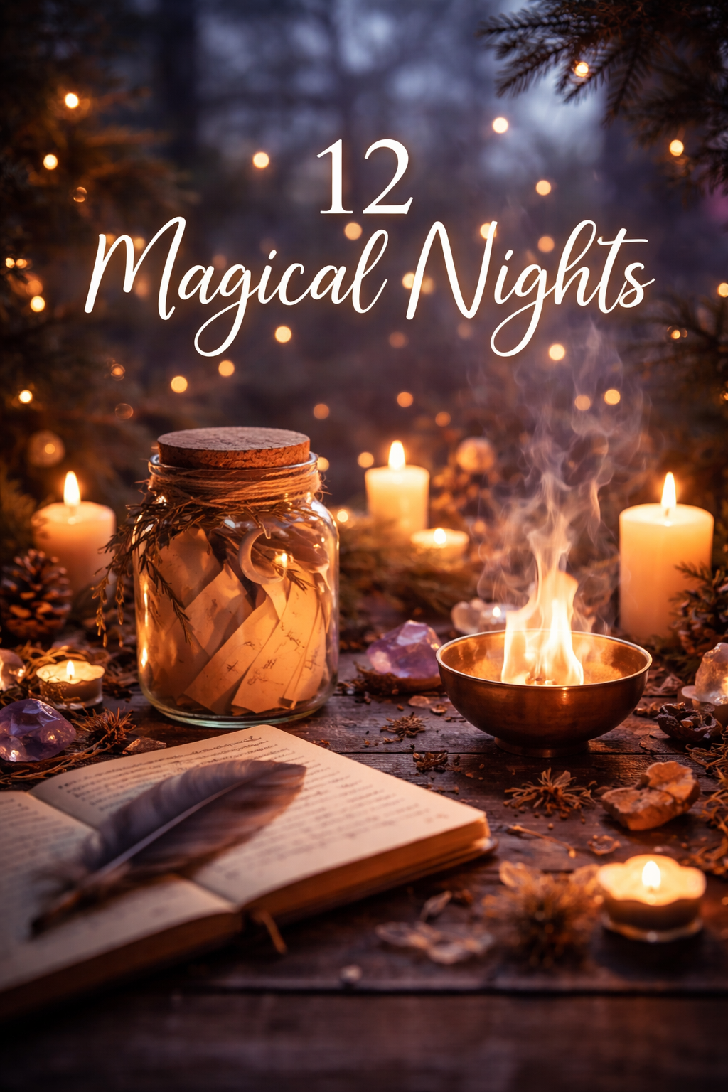 A candlelit mystical scene with a journal, soft purple light, and winter atmosphere representing the 12 Magical Nights ritual and intention setting.