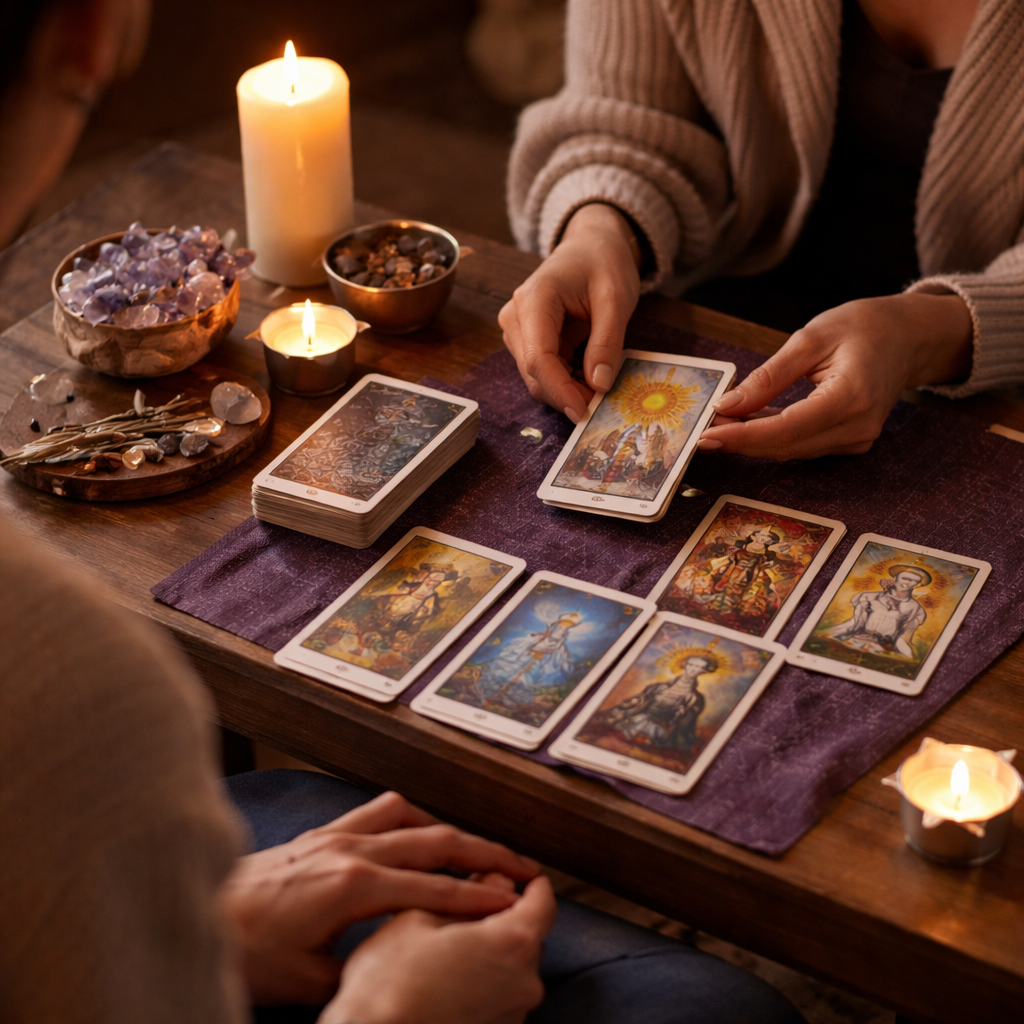 Warm candlelit tarot reading setup with cards laid out on a table, creating an intimate and inviting atmosphere