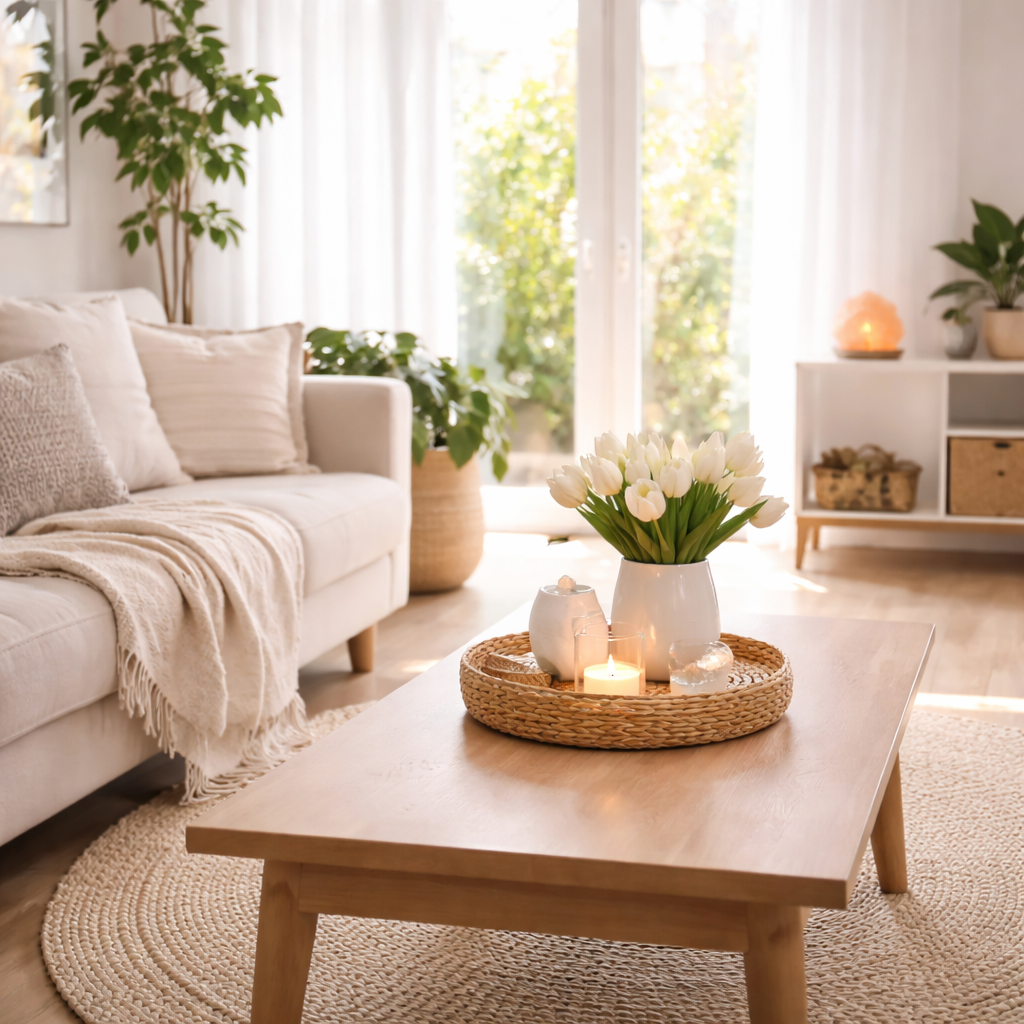 Bright airy living room with natural light, plants, and a calm, refreshed atmosphere