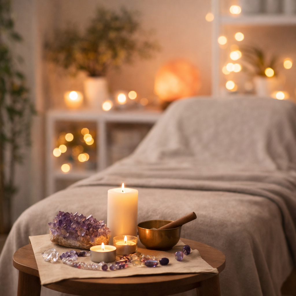 Peaceful Reiki healing room with crystals, soft lighting, and a calming meditation setup